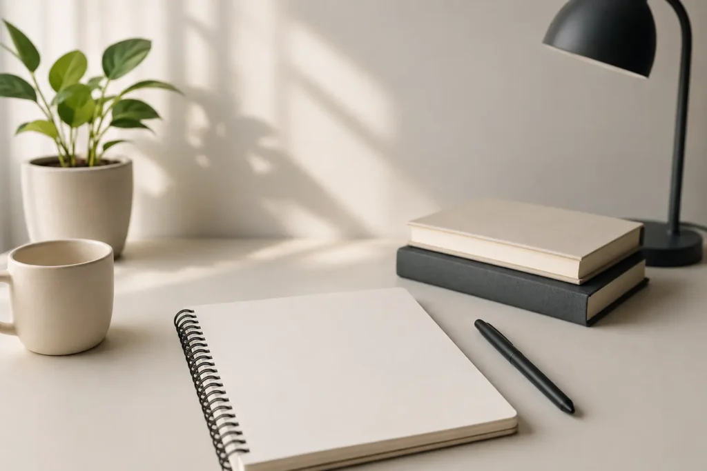 Minimalist study desk with notebook, books, pen, mug, and plant for UPSC preparation