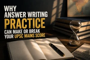 UPSC Mains answer writing practice with notebook, pen, and study materials