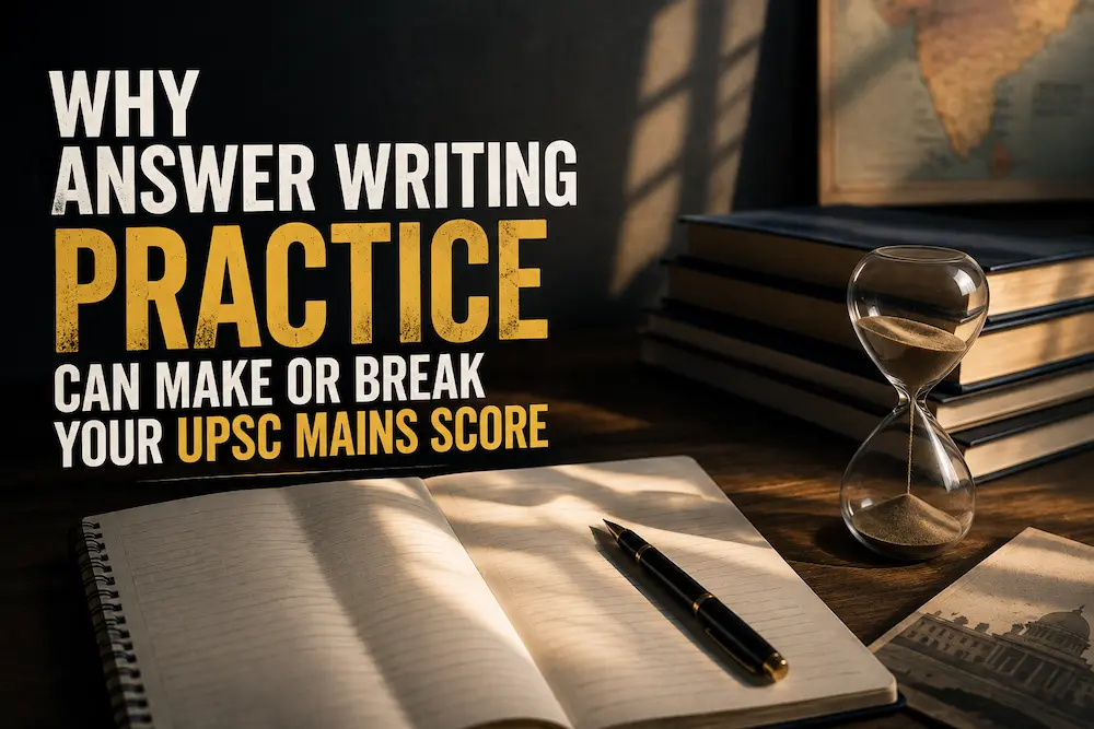 UPSC Mains answer writing practice with notebook, pen, and study materials