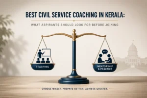 Minimalist balance scale comparing teaching with mentorship and practice for civil service coaching in Kerala.