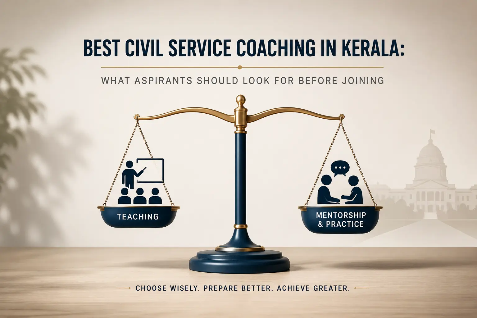 Minimalist balance scale comparing teaching with mentorship and practice for civil service coaching in Kerala.