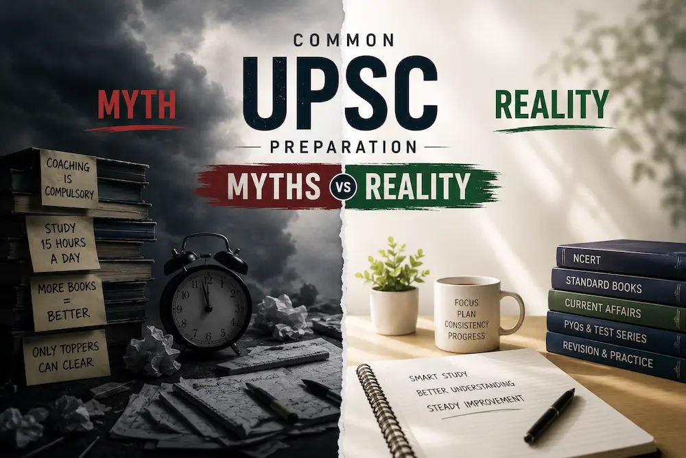 Split-screen visual contrasting common UPSC preparation myths with the realities of effective preparation, highlighting smart study, consistency, and balanced planning.