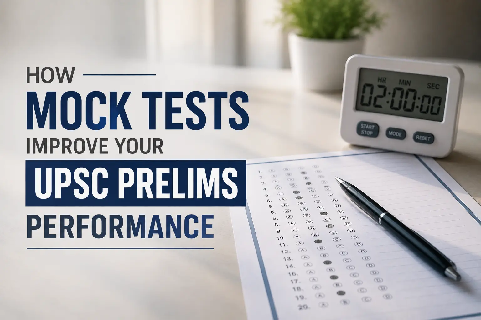 UPSC Prelims mock test with answer sheet, pen, and timer
