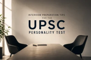 Minimal interview room with two chairs and a table, representing UPSC Personality Test interview preparation.