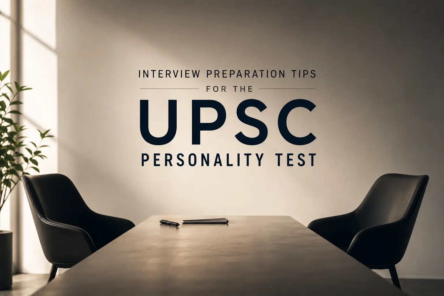 Minimal interview room with two chairs and a table, representing UPSC Personality Test interview preparation.