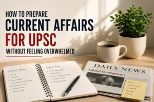 Minimalist study desk for preparing current affairs for UPSC