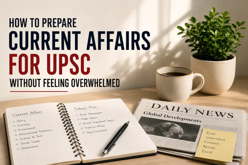 Minimalist study desk for preparing current affairs for UPSC
