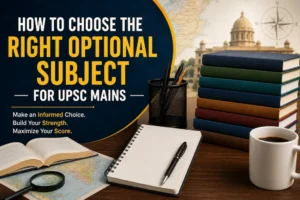 UPSC aspirant studying optional subjects with books, notes, and a coffee mug on a desk.