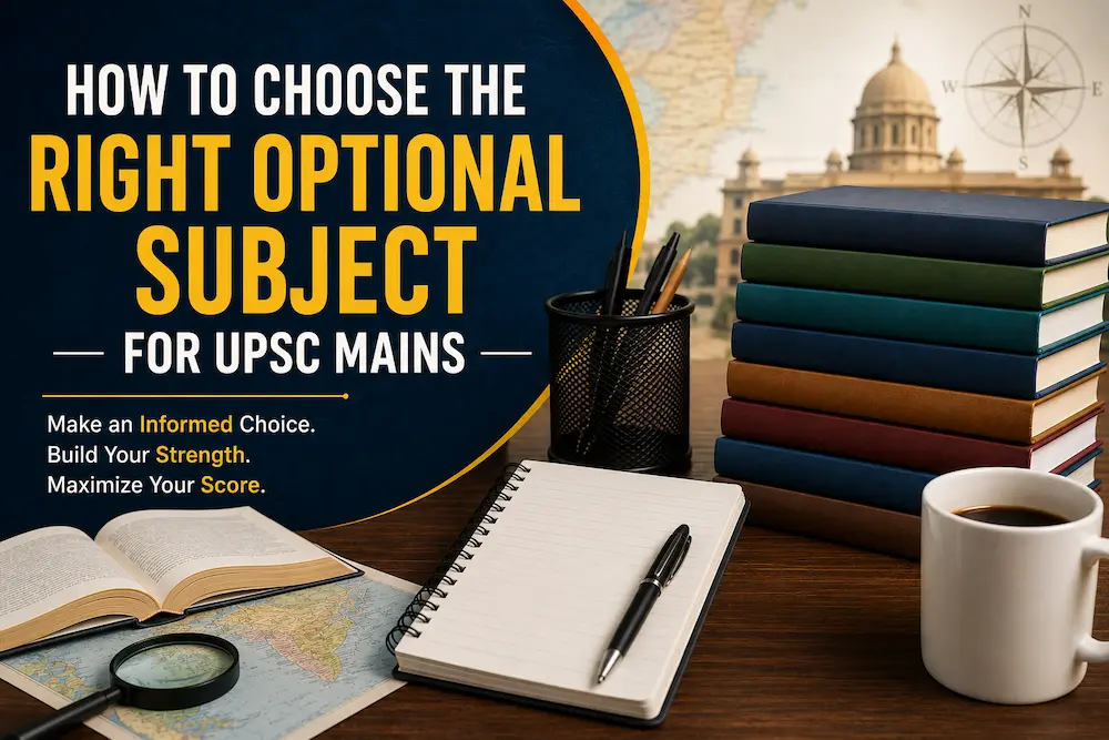 UPSC aspirant studying optional subjects with books, notes, and a coffee mug on a desk.