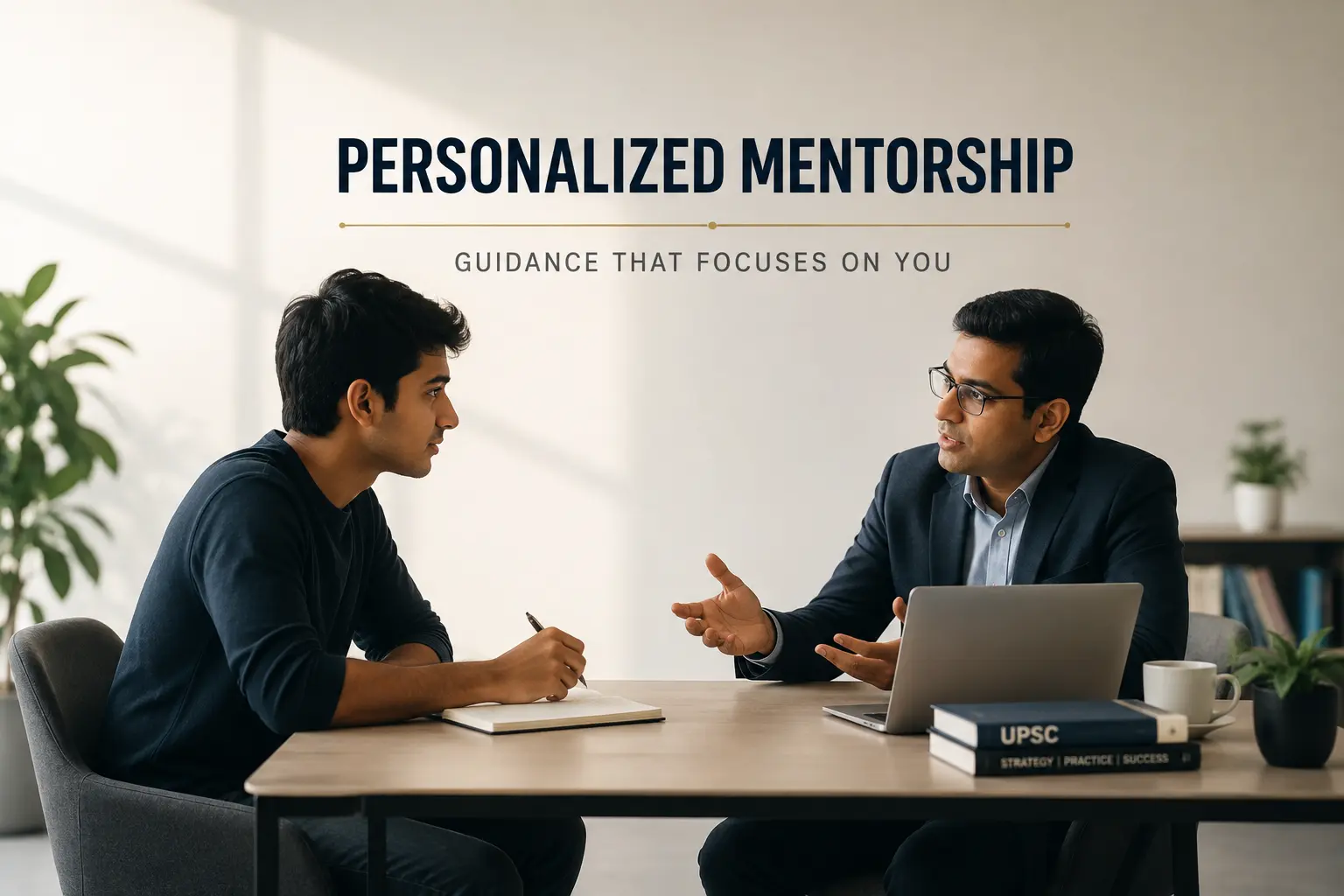 UPSC mentor guiding an aspirant during a personalized coaching session in a professional study environment.